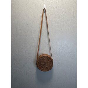 Round Handmade Rattan Woven Crossbody Bag With Leather Strap & Snap Closure
